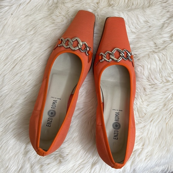 Enzo Roma orange mesh stacked wood block heel chain detail size 6 narrow - Picture 2 of 5